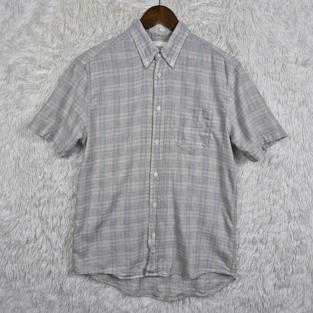 Billy Reid Mens Standard Fit Plaid Short Sleeve Button Down Shirt Grey White S